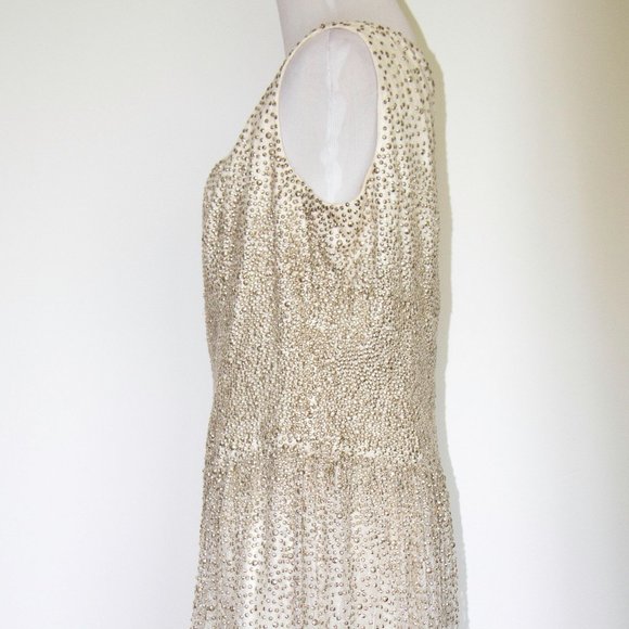 Carmen Marc Valvo Formal Dress Ivory White Bead Mesh Wedding Medium 1795$ - Picture 3 of 6
